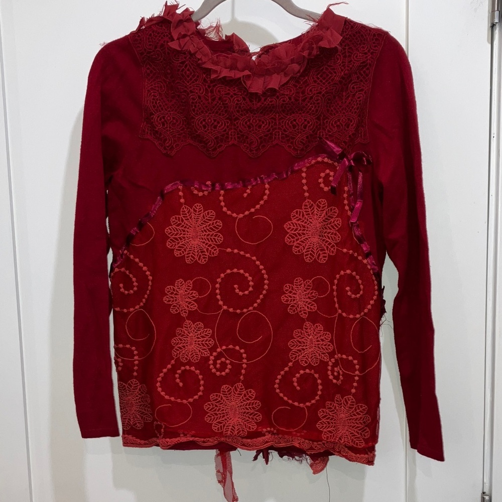 Elegant lace Red Women's cardigan with ribbon roses and button Detailing